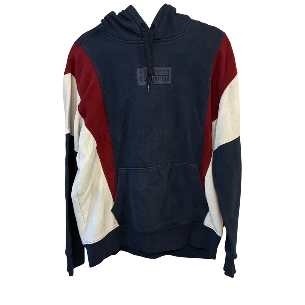 Hollister Hoodie Men XL Navy Burgundy White Color block Logo Pullover